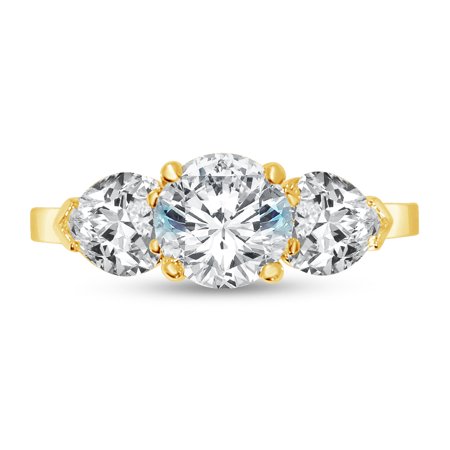 Gold Oval Cut Solitaire - Solid 14k Yellow Gold Round Cut Three Stone Solitaire Engagement Ring CZ Cubic Zirconia (2.0cttw., 1.0ct. Center) , Size 7
