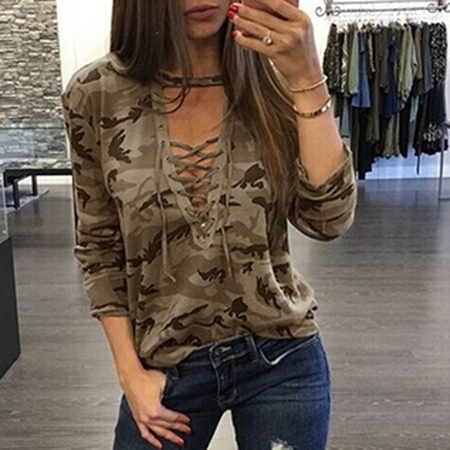 JOYFEEL Clearance Women Camouflage Print Lace-up T-shirt Women Long Sleeve V-neck Tops Bandage Summer T-shirt Blouse for