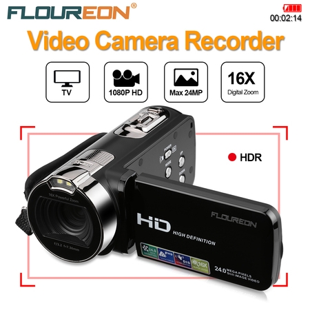 Floureon 1080P FULL HD Portable Digital Video Camera 2.7 TFT LCD 24MP 16x Zoom Camcorder DV AV Output Night Light Black