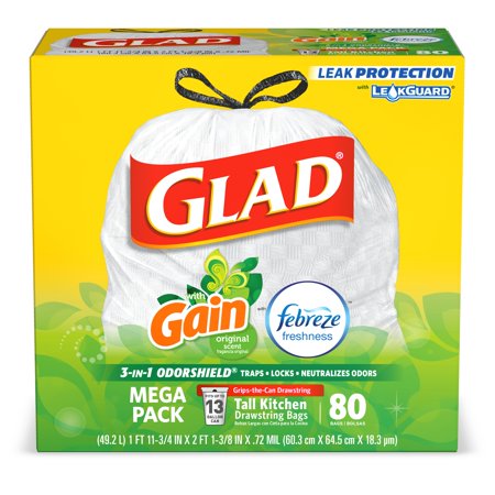 Glad Bag - Glad Tall Kitchen Drawstring Trash Bags - OdorShield 13 gal White Trash Bag, Gain Original with Febreze Freshness - 80 ct
