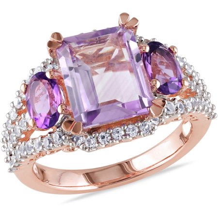 - 4-5/8 Carat T.G.W. Rose de France, Amethyst and Created White Sapphire Pink Rhodium-Plated Sterling Silver Cocktail Ring