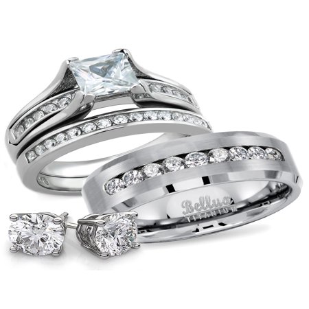 Square Cubic Zirconia Bridal Rings - His and Hers Titanium Stainless Steel CZ Bridal Matching Wedding RingS Set + FREE STERLING SILVER EARRINGS