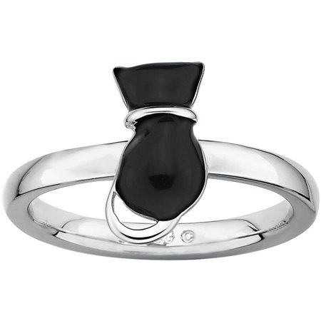 Black White Enamel Rhodium Ring - Sterling Silver Polished Black Enameled Cat Ring