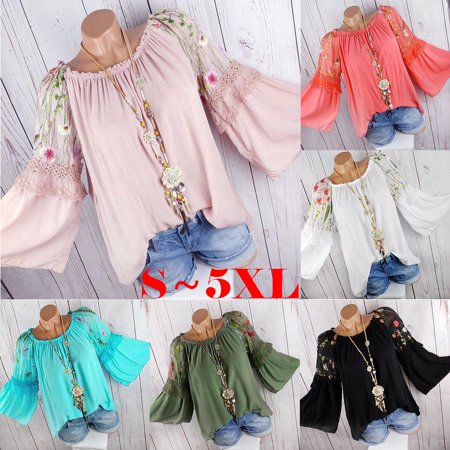 Sleeve Embroidery Lace Fashion Women O-Neck Blouse Floral Embroidery Lace Flare Sleeve Tops Chiffon Womens Blouses Plus Size Fashion Blusa Feminina ()