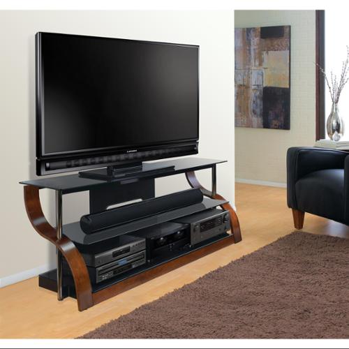 Bello 3-Shelf Curved Wood Flat Panel TV Stand for TVs up to 70'', Walnut/Smoke