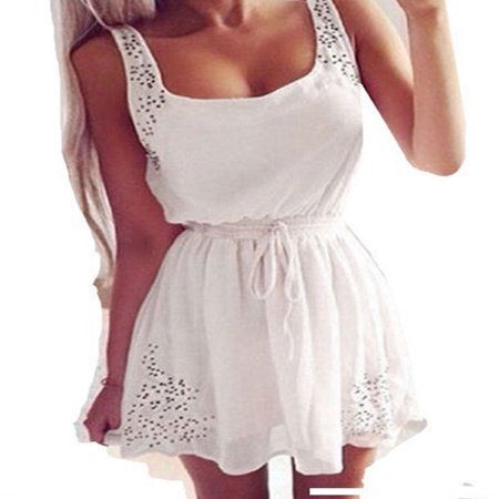 - Summer Women Sleeveless Casual Chiffon Short Mini Dress Ladies Cocktail Casual Party Holiday Hollow Out Beach Sundress