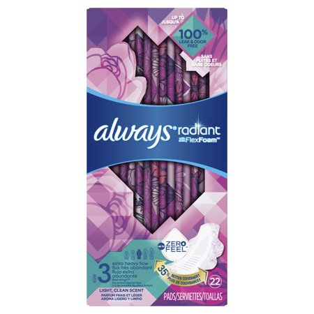 ALWAYS Radiant Extra Heavy Flow Sanitary Pads Size 3 Light Clean Scent With Wings, 22