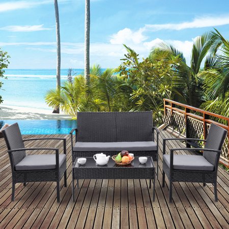 Stackable Patio Furniture Costway 4 PCS Outdoor Patio Rattan Wicker Furniture Set Table Sofa Cushioned Deck Black ()