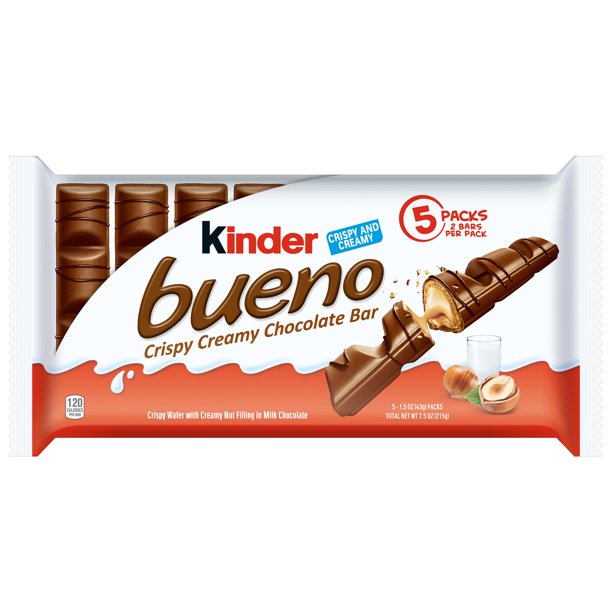 Kinder Bueno Milk Chocolate and Hazelnut Cream Candy Bar, Perfect Valentine's Day Gift, 5 Packs, 2 Individually Wrapped 1.5 oz Bars Per Pack