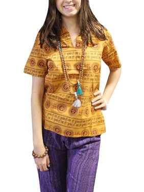 Mogul Women’s Orange Cotton Tunic Om Print Short Sleeves Summer Fashion Comfy Ethnic Bohemian Blouse Top S