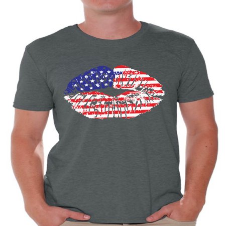 Awkward Styles American Flag Men's T Shirt Tops Lips Shirts for Men USA Flag Stars and Stripes Lips Tee Shirt Red White & Blue Lips Tshirt 4th of July Gift Independence Day Party Outfit for Men