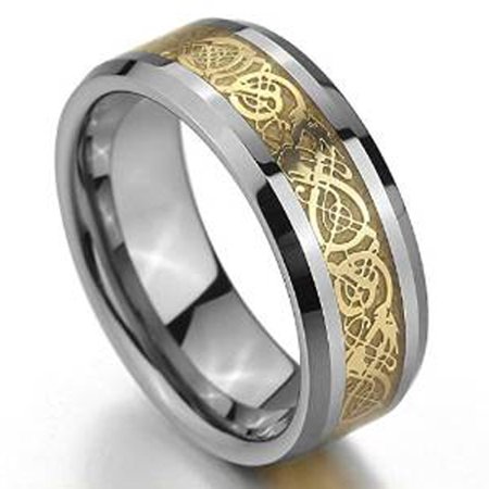 Love Forever Celtic Wedding Ring - 8mm Tungsten Carbide Beveled Edge Celtic Knot Dragon over Yellow Inlay Wedding Band Ring For Men Or Ladies