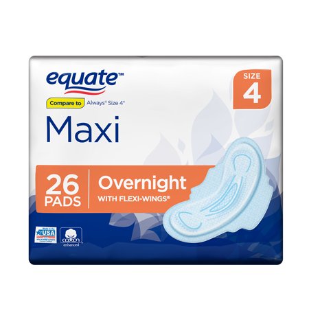 - Equate Maxi Pads with Flexi-Wings, Overnight, Size 4, 26 Count