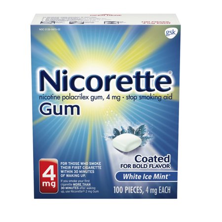 - Nicorette Nicotine Gum, Stop Smoking Aid, 4 mg, White Ice Mint Flavor, 100 count