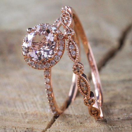 White Gold Ladies Bridal Rings - Sale on Antique Vintage Design Milgrain 2 carat Round Morganite and Diamond Halo Bridal Wedding Ring Set in Rose Gold for Women