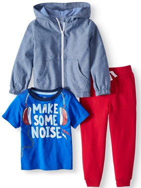 T-Shirt, Jogger Pants, & Zip Up Lightweight Hooded Raincoat, 3pc Outfit Set (Toddler Boys)