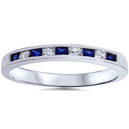 - 1/2 ct Princess Cut Blue Sapphire & Diamond Wedding Ring 14k White Gold