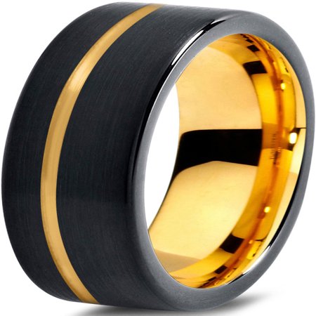 - Tungsten Wedding Band Ring 7mm for Men Women Black & 18K Yellow Gold Plated Pipe Cut Brushed Polished Lifetime Guarantee