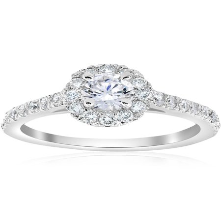 Brilliant Cut Solitaire Ring - 3/4ct Halo Diamond Engagement Ring 14k White Gold Round Cut Solitaire Brilliant