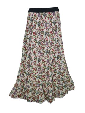 Mogul Womens Maxi Long Skirt Printed Flared Rayon Bohemian Style Tiered Elastic Waist A-Line Gypsy Skirts