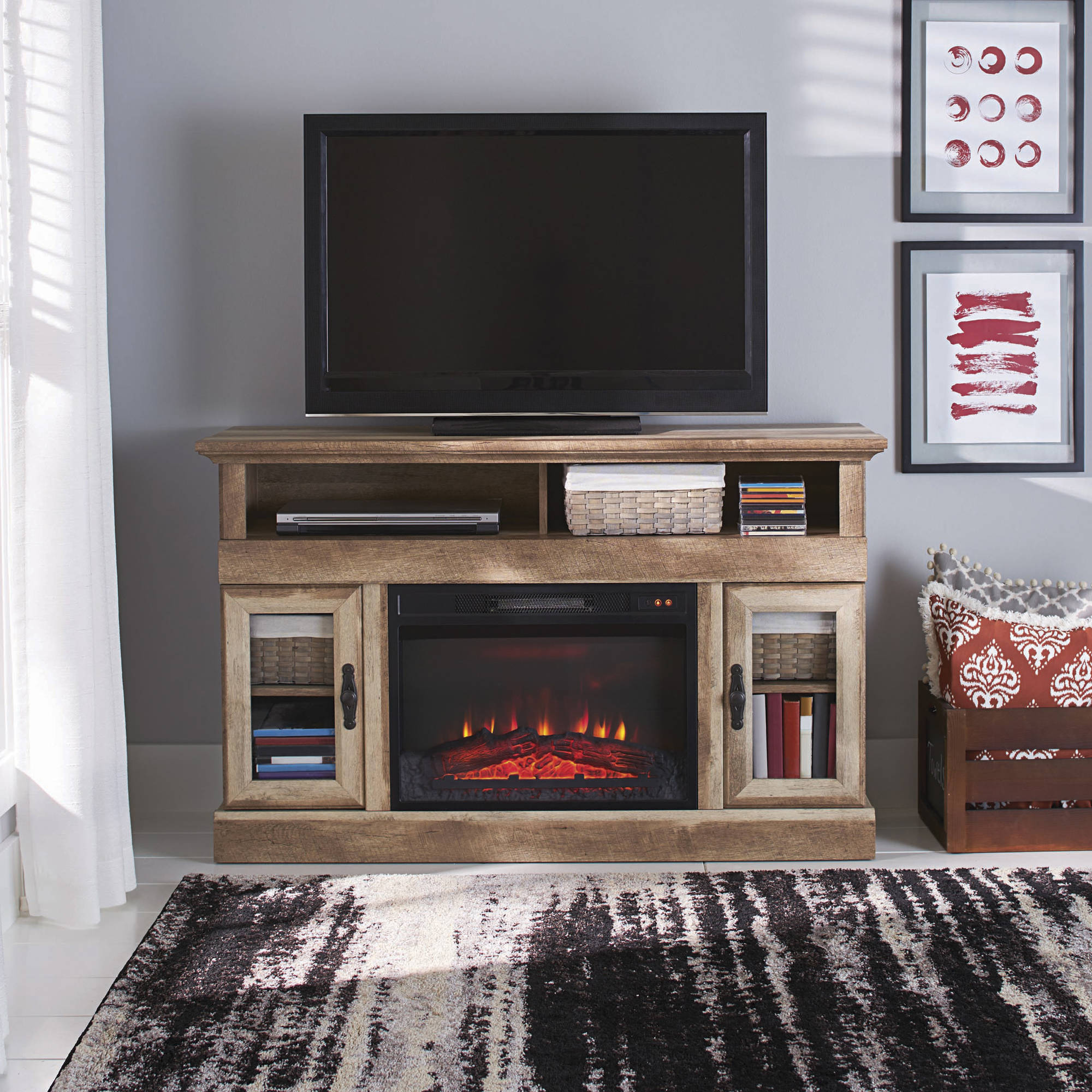 Better Homes and Gardens Crossmill Fireplace Media Console, Weathered Finish