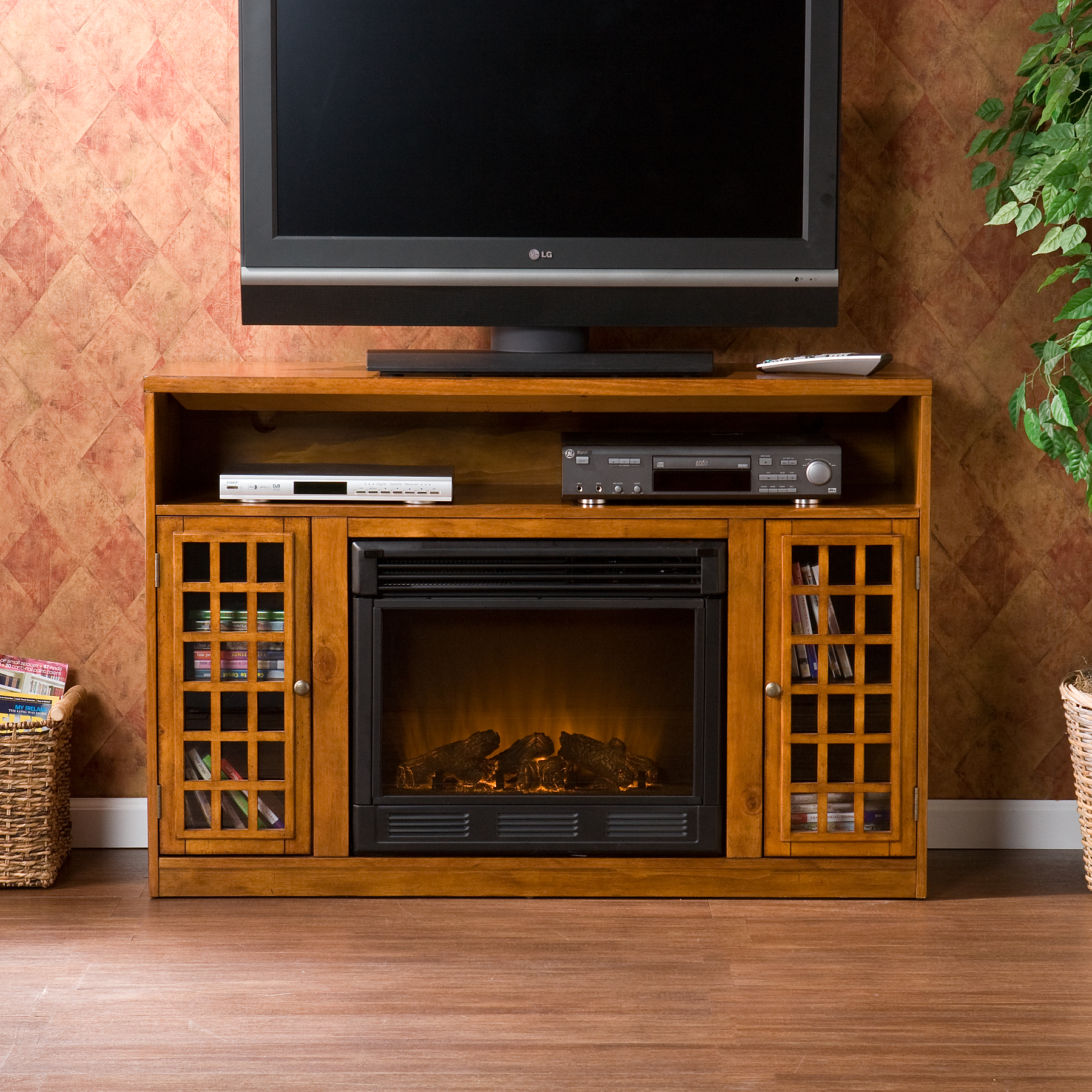 Southern Enterprises Chenault Electric Fireplace and Media Console for TVs up to 46'', Glazed Pine (Box 1 of 2)