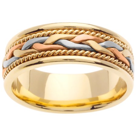 - 18K Tri Color Gold French Braid Handmade Comfort Fit Women's Wedding Band (7mm)