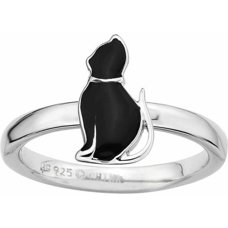 Black White Enamel Rhodium Ring - Sterling Silver Black Enameled Cat Ring