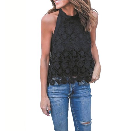 Mesh Lace Halter Top - Fashion Lace Panel Halter Tank Solid Color Sleeveless Sexy Women Top