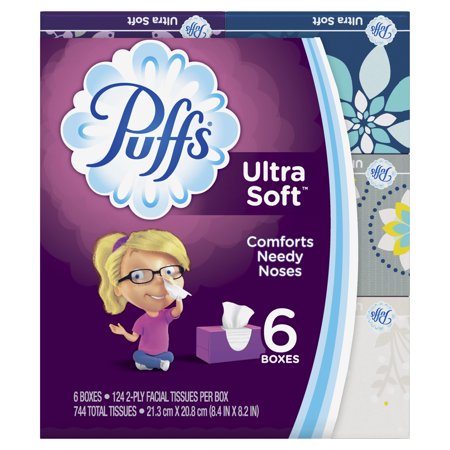 Puffs Ultra Soft Non-Lotion Facial Tissues, 6 Family Boxes, 124 tissues per (Best Tissues For Cold)