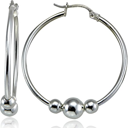 Sterling Silver Beaded Round Hoop Earrings, 28mm