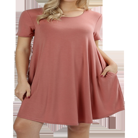 - Women Short Sleeve Round Hem A-Line Tunic Dress with Side Pockets