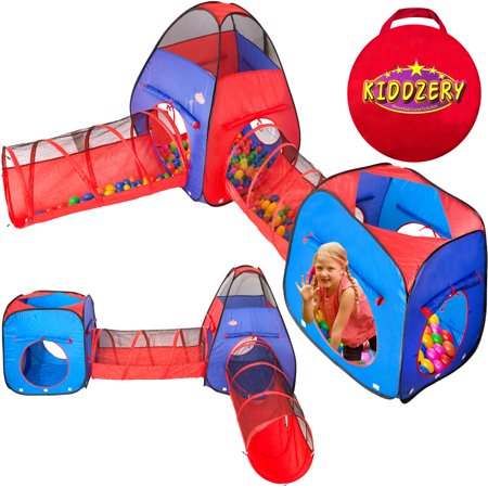 Kiddzery 4pc Kids Play tent Pop Up Ball Pit - 2 Tents + 2 Crawl Tunnels - Children Toy Tent for Boys & Girls, Toddlers & Baby, Large Playhouse For Indoor & Outdoor With Carrying Case, Great Gift Idea