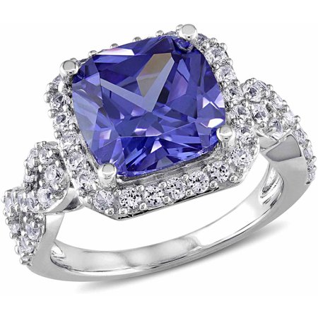 - 6-3/4 Carat T.G.W. Created Tanzanite and Created White Sapphire Sterling Silver Halo Cocktail Ring