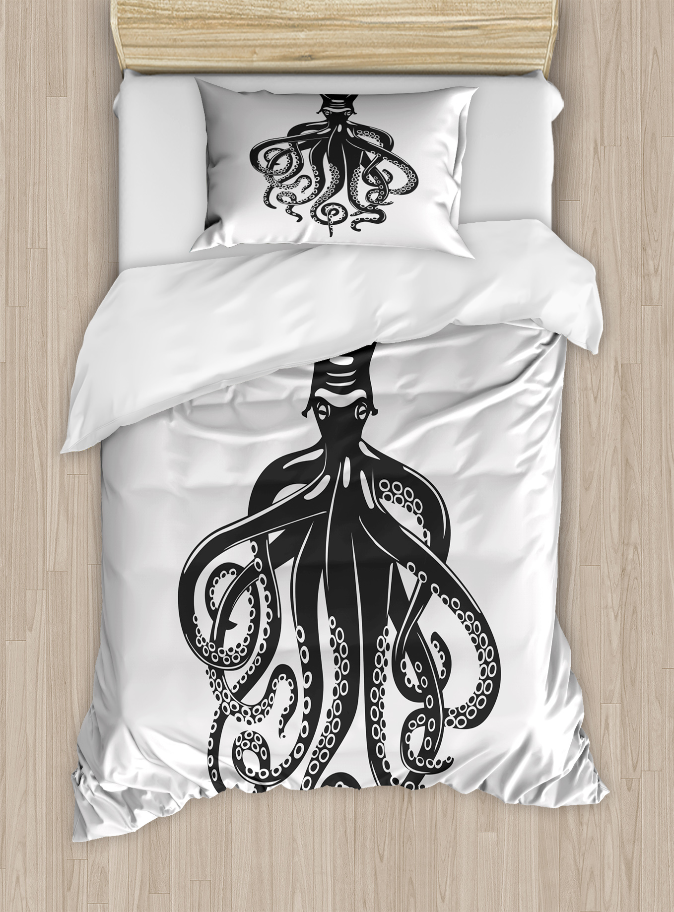 Twin / Twin XL 2 Piece Bedding Set with Pillow Sham Black White Octopus Decor Duvet Cover Set by Ambesonne Marine Wildlife Theme Octopus Illustration Sketch Style Decorative Art Nautical Decor