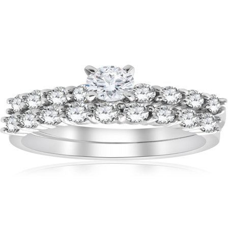 Round Diamond Wedding Set Ring - 1 1/3 ct TDW Round Solitaire Diamond Engagement Ring Wedding Set 14k White Gold