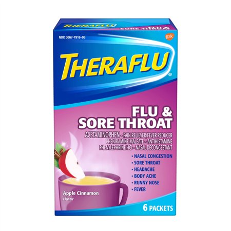 Theraflu Flu & Sore Throat Powder, Apple Cinnamon Flavor, 6 Packets ...