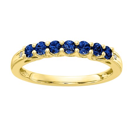 - 10K Yellow Gold Created Blue Sapphire Birthstone Band w/ Diamonds