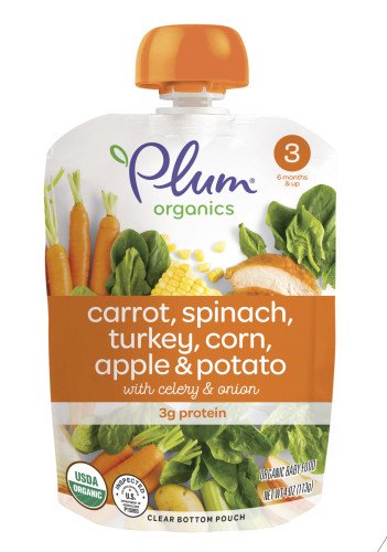 Butter Baby Corn - Plum Organics Stage 3, Organic Baby Food, Carrot, Spinach, Turkey, Corn, Apple & Potato, 4oz Pouch (Pack of 6)