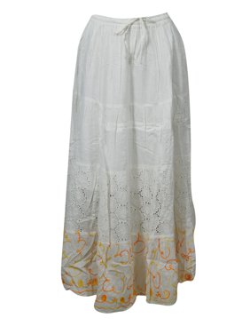 Mogul White Cotton Long Skirt A-Line Boho Chic Gypsy Maxi Skirts Christmas Gifts