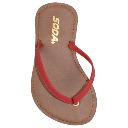 Leather Casual Thong Sandals - Soda Shoes Women Flip Flops Basic Plain Sandals Strap Casual Beach Thongs FELER Red Lipstick 5.5