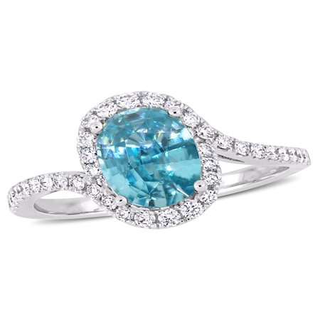 Topaz Zircon Ring - 2-3/8 Carat T.G.W. Blue Zircon and 3/8 Carat T.W. Diamond 14kt White Gold Twist Ring