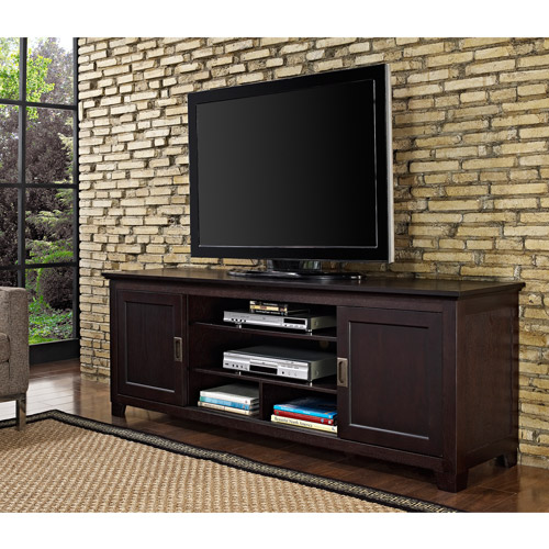 Espresso Wood TV Stand with Sliding Doors for TVs up to 70''