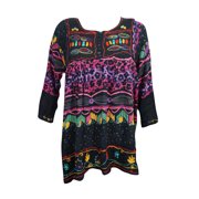 Mogul Women's Tunic Dress Colorful Ethnic Printed Rayon Long Sleeves Short Dresses