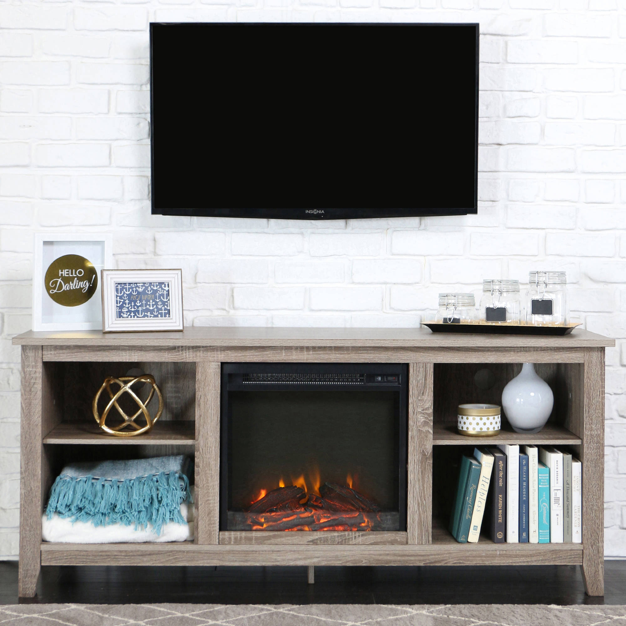 Driftwood TV Stand with Fireplace Insert for TVs up to 60'', Multiple Colors