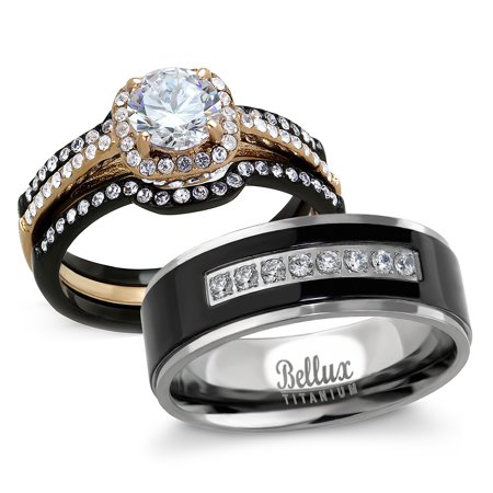 - His and Hers Wedding Ring Sets - Women's Halo Design CZ Wedding Rings Sets & Men's Matching Wedding Bands