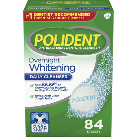 (2 pack) Polident Overnight Whitening Antibacterial Denture Cleanser Effervescent Tablets, 84