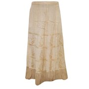 Mogul Women's Peasant Skirt Beige Floral Embroidered A- Line Flirty Long Skirts
