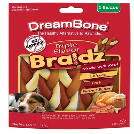 DreamBone Triple Flavor Rawhide-Free Dog Chews, Chicken, Pork & Peanut Butter Flavor,