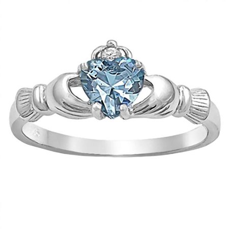 Extra Heavy Claddagh Ring Kandice: 0.765ct Heart cut Simulated Aquamarine Ice CZ Claddagh Ring Sterling Silver sz 7.0 ()